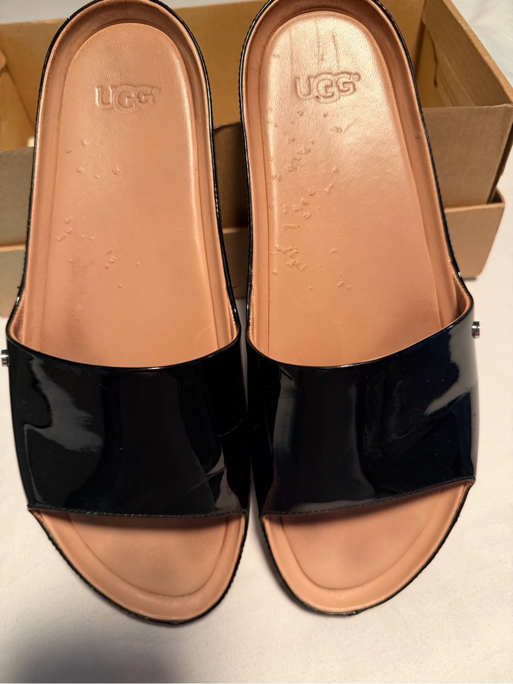 UGG Women’s Black Patent Slide Sandals with Tan Insole